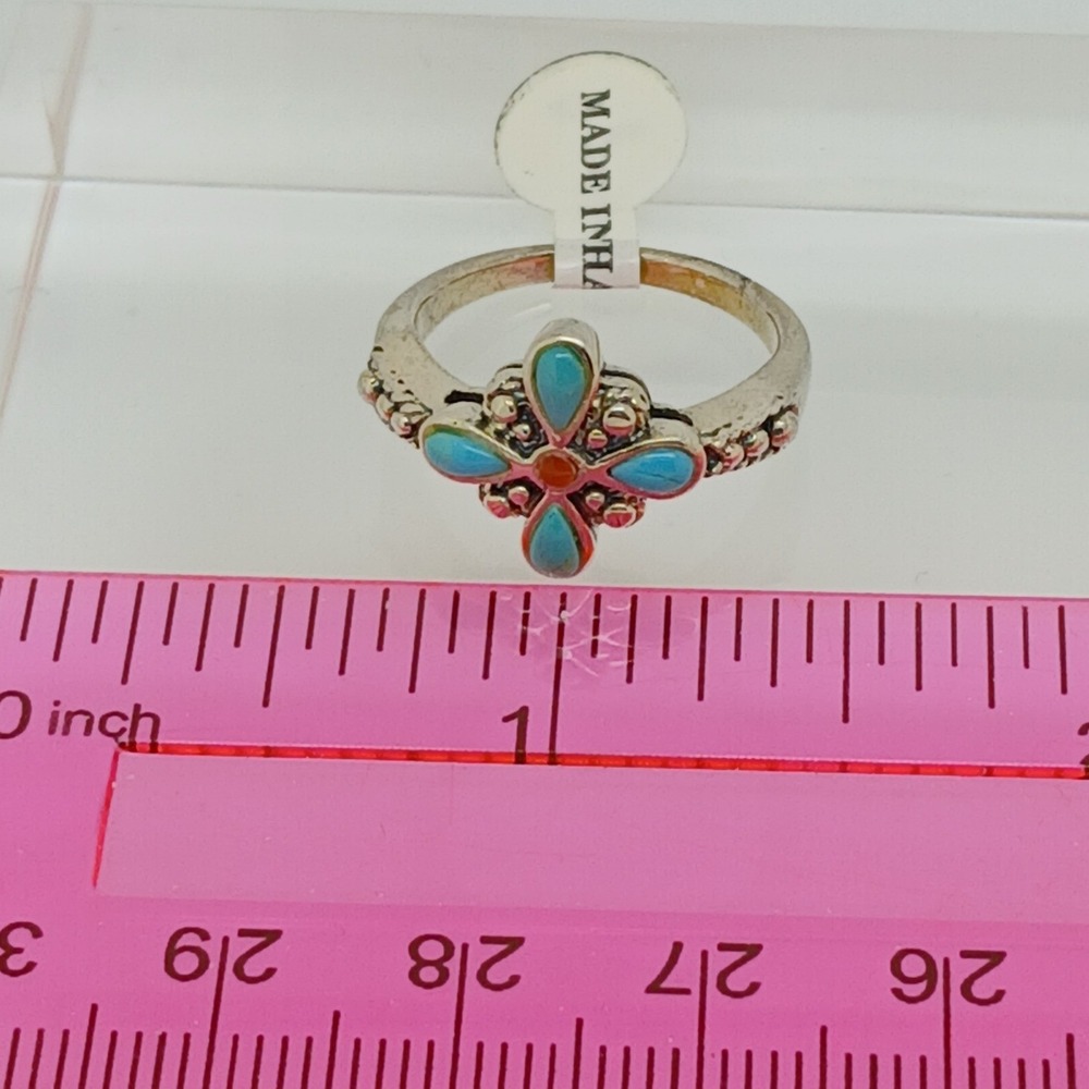 Vintage 90s BOMA Sterling Silver Turquoise Coral Flower Ring Size 6 Thailand NOS - Picture 10 of 16